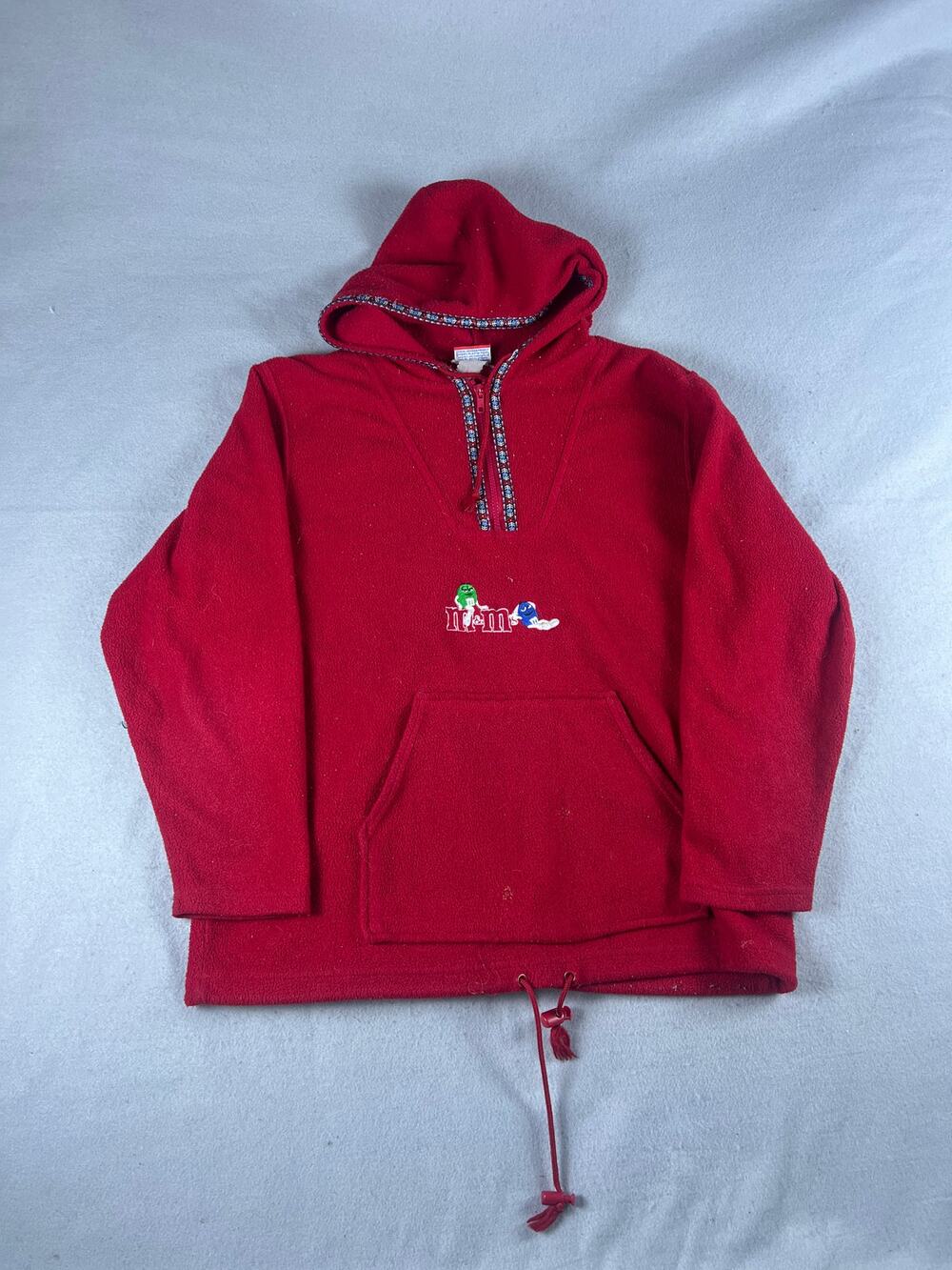 Vintage M&Ms Fleece Hoodie Mens M Red 1/4 Zip Floral Trim Hood Sweatshirt Retro